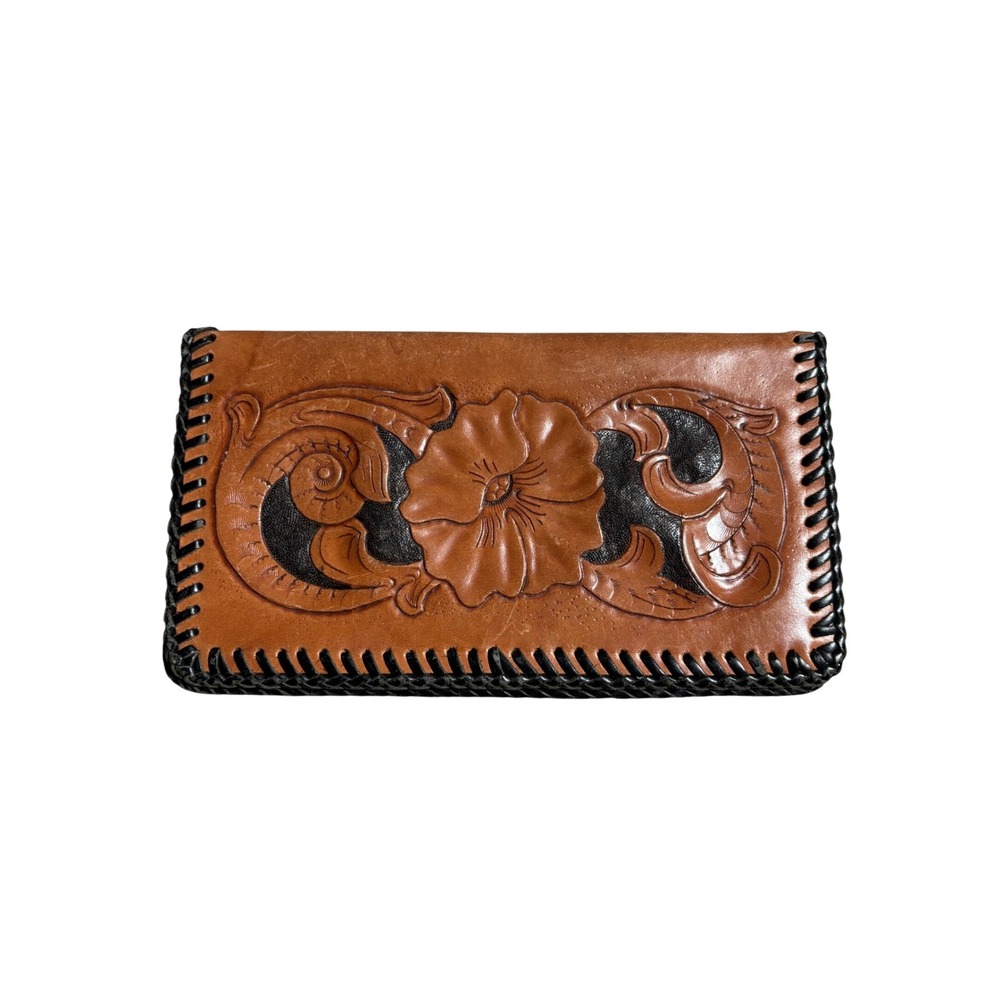 Vintage Hand Tooled Leather Checkbook Cover Western Floral Whipstitch Tan Black